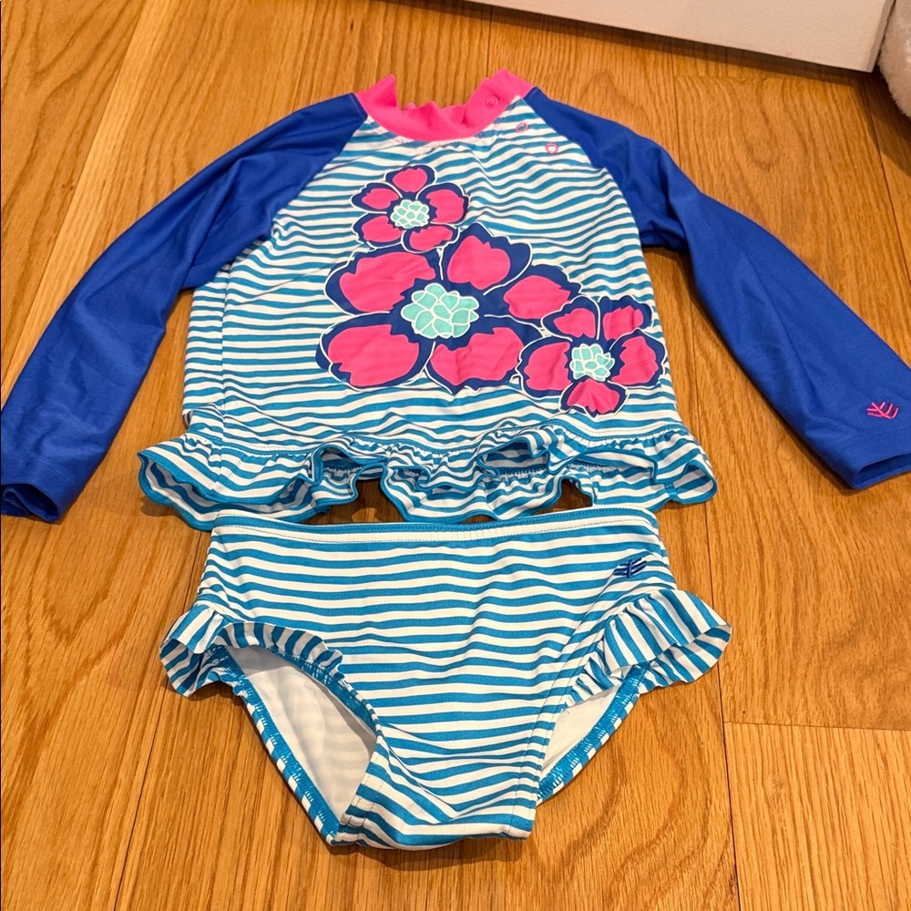 Coolibar Kids Swim Rashguard Set - Blue and Pink Stripes